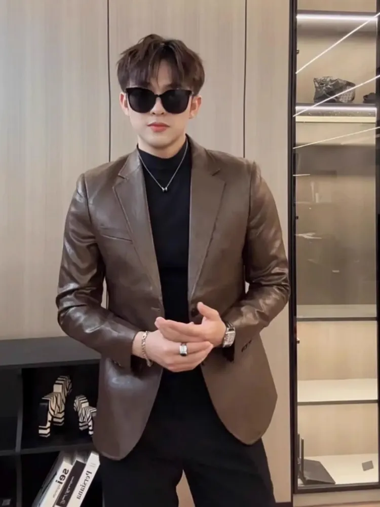 New Mens Single Breasted Faux Leather Suit Jacket Slim Fit Long Sleeve Casual Blazers Solid Color High Street Fashion Coat Male