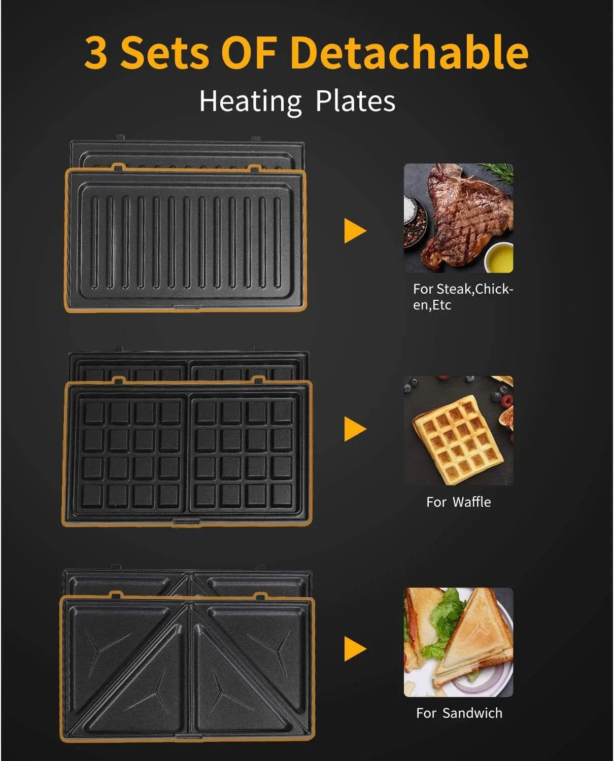 Sandwich Maker 3 in 1, Waffle Make with Removable Plate, Electric Press Grill, Sandwich Toaster with Detachable 2