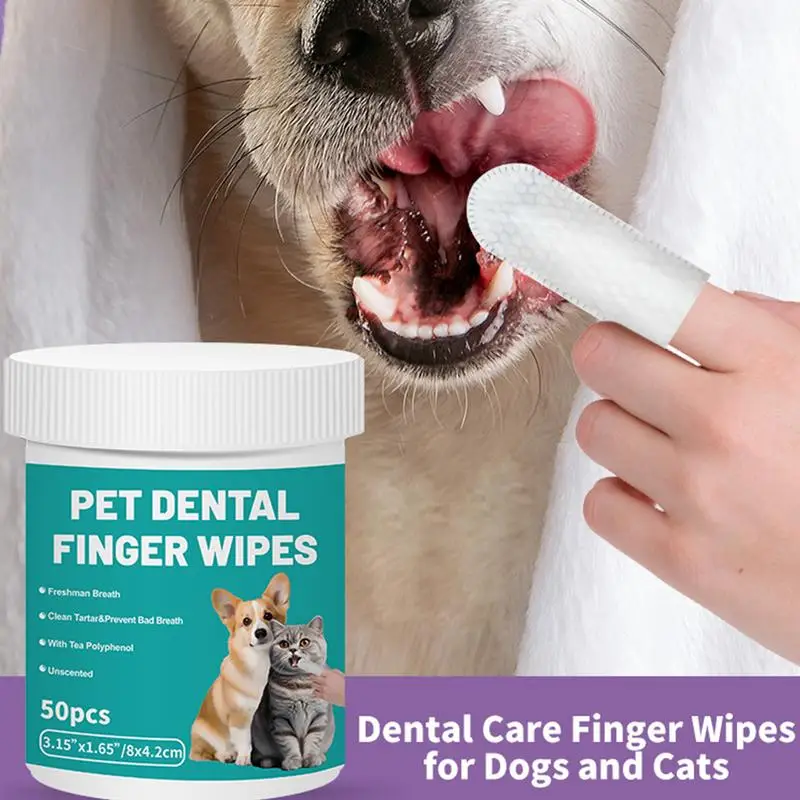 50-Pieces Pet Teeth Brushing Cleaner Finger Wipes Care Convenient Non Dirty Hands Bad Breath Removal Cleaning Wipes for Outdoors