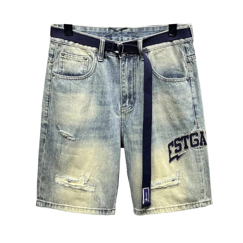 2024Summer New Nostalgic Light Blue Middle Pants Denim Shorts Men's Trendy Casual Stretch Fashion Fifth Pants