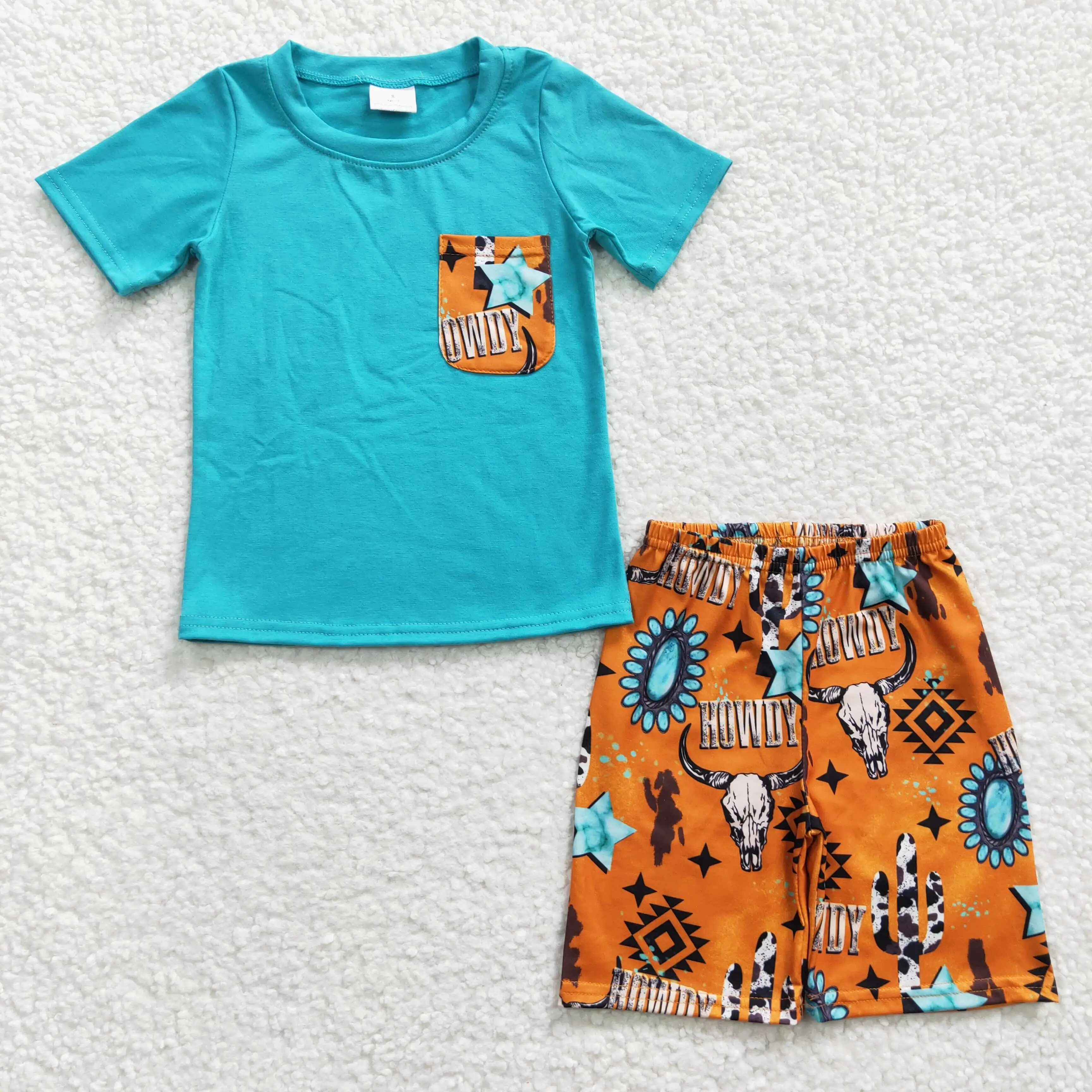 

2​023 New Design RTS Fancy Kids Blue Shirt Outfits Children Summer Clothing Boys Western Boutique Set