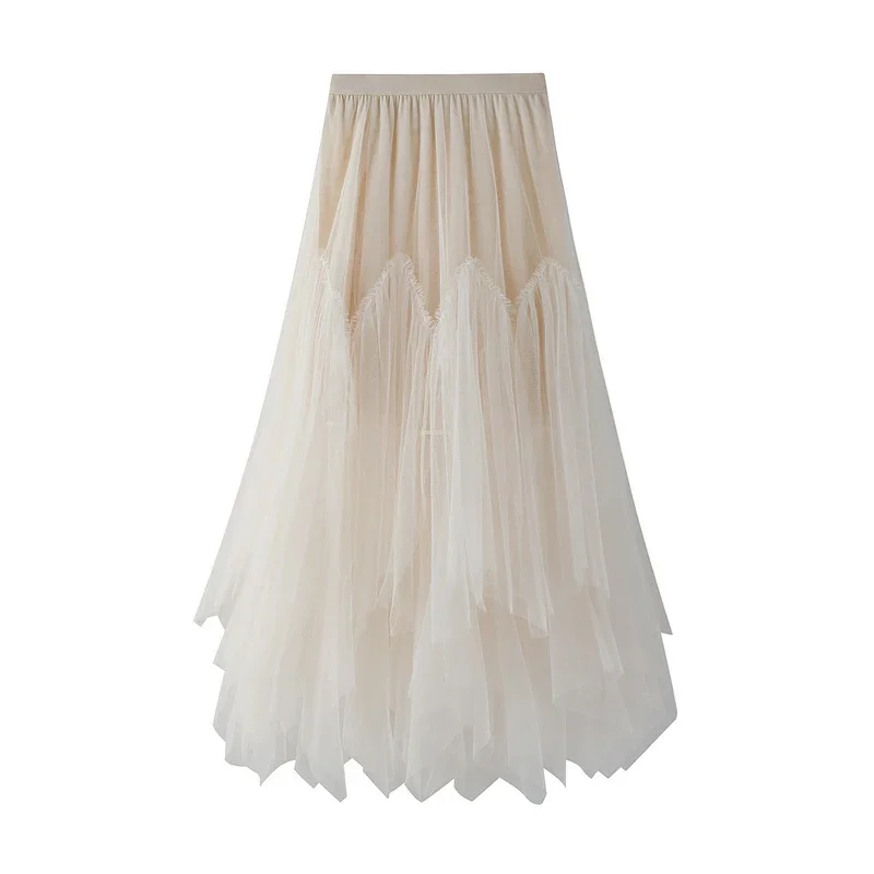 

Women's Irregular Tulle Mesh Long Skirts Spring Summer Solid Color Lace Up Ladies Casual High Waist A Line Female Maxi Skirt