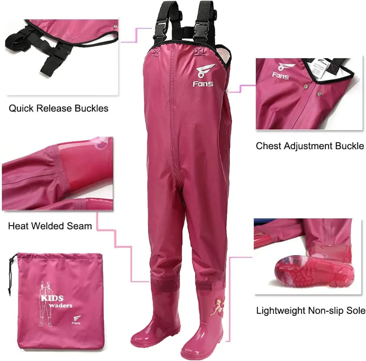 8 Fans Kid's Chest Waders,Waterproof Bootfoot Lightweight Hip Waders,2-ply Nylon PVC Fishing Hunting kayaking Children's Waders
