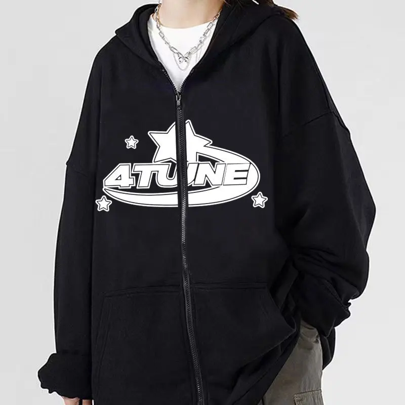 

Women Star Letter Print Hoodies Y2K Clothes Autumn Retro Long Sleeve Oversized Sweatshirts Male Harajuku Hip-hop Zipper Hooded