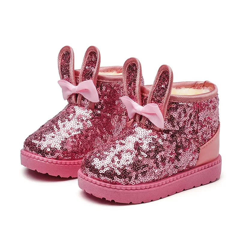 Girls Snow Boots Bunny Ear Bowtie Sequins Cute Winter Warm Ankle Boots Princess Toddler Non-slip Fashion Kids Boot Glitter Bling