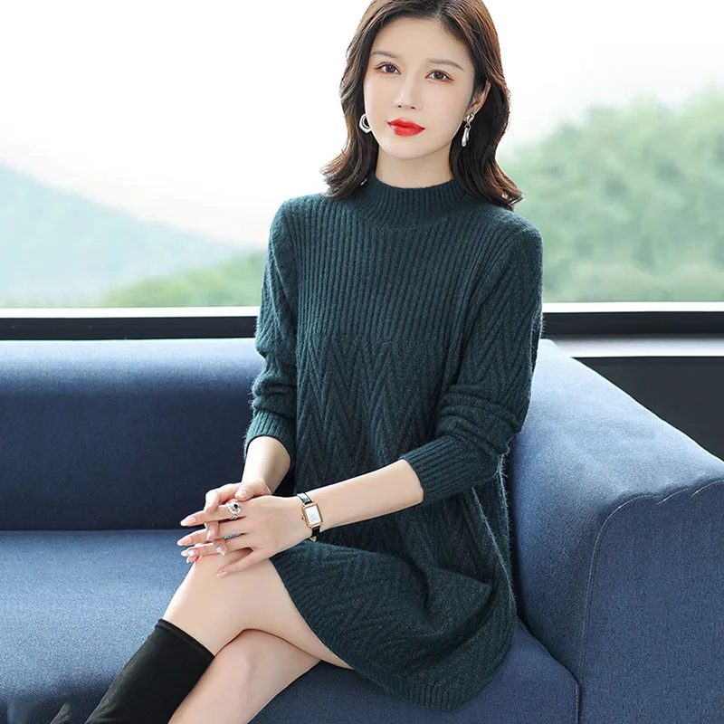 

Новинка, осенне-зимний теплый шерстяной свитер, Женский Длинный свободный свитер с низом, Женский пуловер с высоким воротником, вязаная черная нижняя рубашка