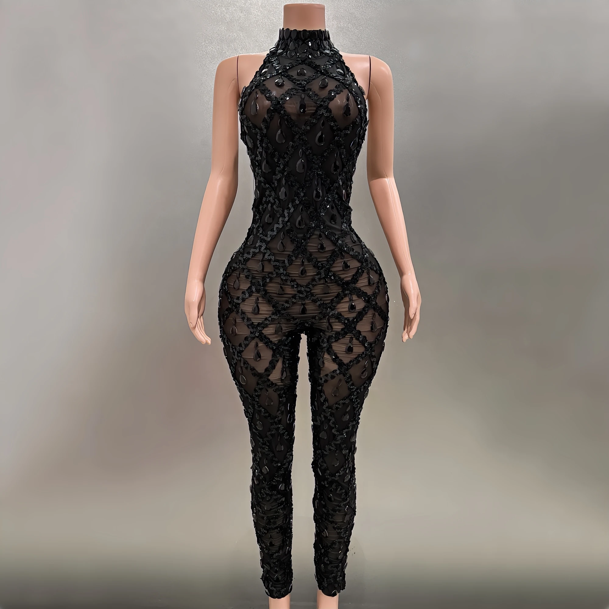 

Luxury Rhinestones Black Mesh Sexy Jumpsuit Celebrate Evening Party Performance Costume Nightclub Bar Singer Dancer Stage Wear