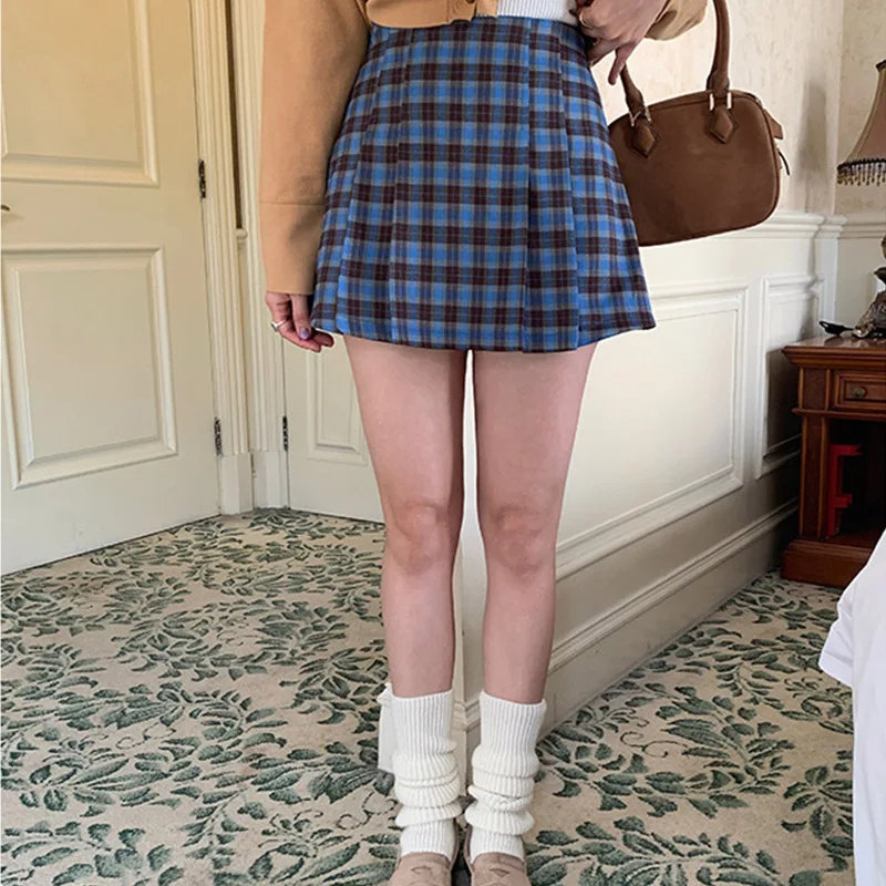 

Vintage Spring Summer Pleated Plaid Skirt 2023 Korean Style Womens Girls Retro High Waist A-line Y2k Wide Leg Mini Skirts Shorts