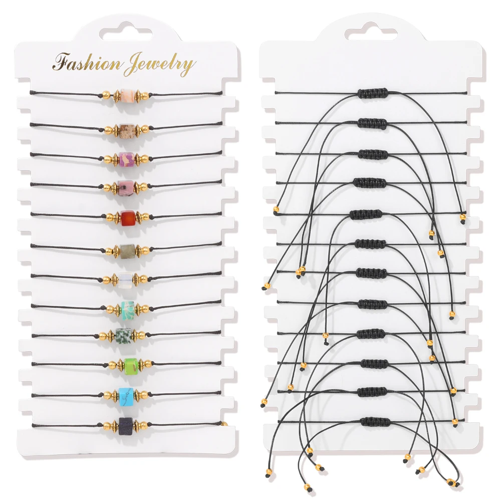 Colorful Natural Stone Adjustable Rope Bracelets - Handmade Bohemian Set with Cards (12 Pieces)