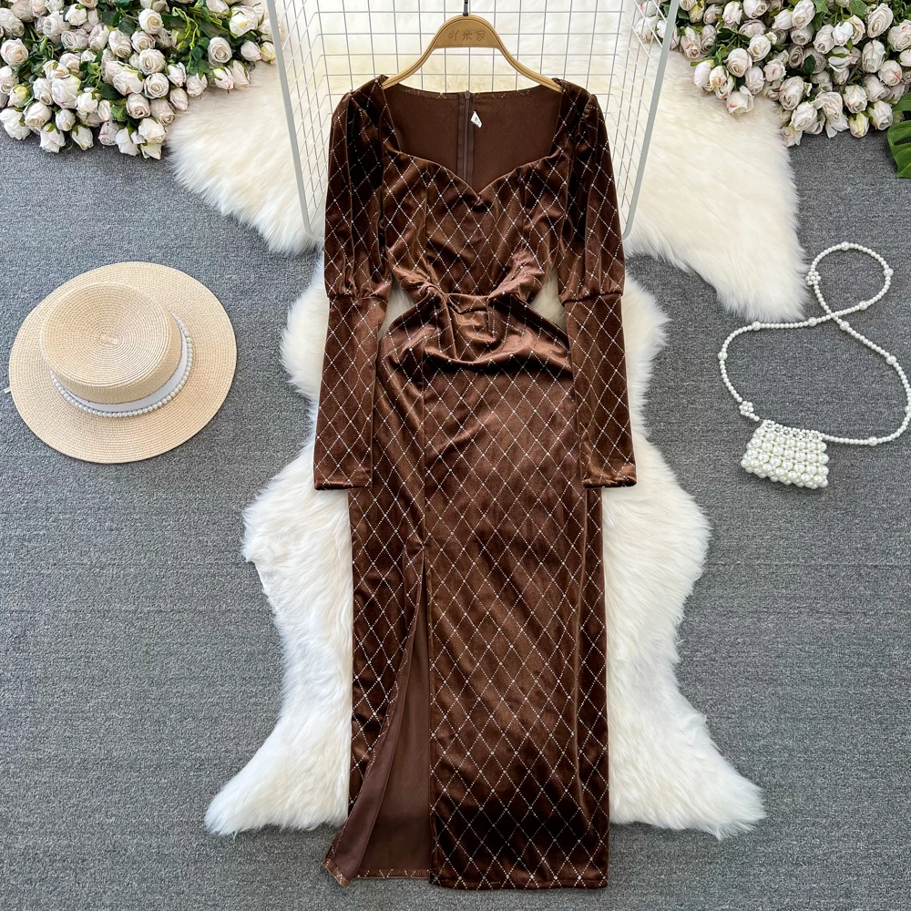 

Autumn Winter Velvet Dress Women V-neck Lantern Sleeve Zipper Split Long Skirt Elegant Fashion Slim Diamond Grid Dresses