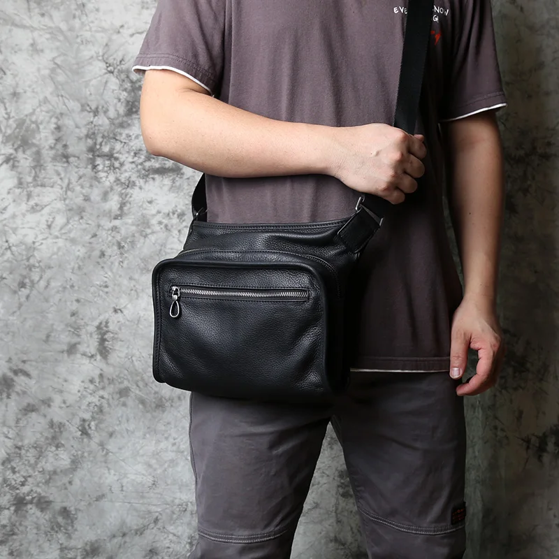 NZPJ Leather Men's Shoulder Bag Casual Messenger Bag Top Layer Cowhide Horizontal Section Solid Color Trend Tablet Computer Bag