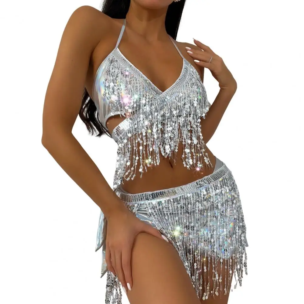 

Sexy V-neck Bikini Swimsuit Sparkling Tassel Bikini Set with High Waist Briefs Sequin Wrap Skirt 3 Piece Women's for Beach