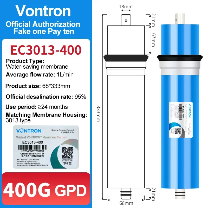 Vontron 400 GPD RO Membrane 3013-400 GPD for Under Sink Home Drinking RO Water Purifier System for Household water filter