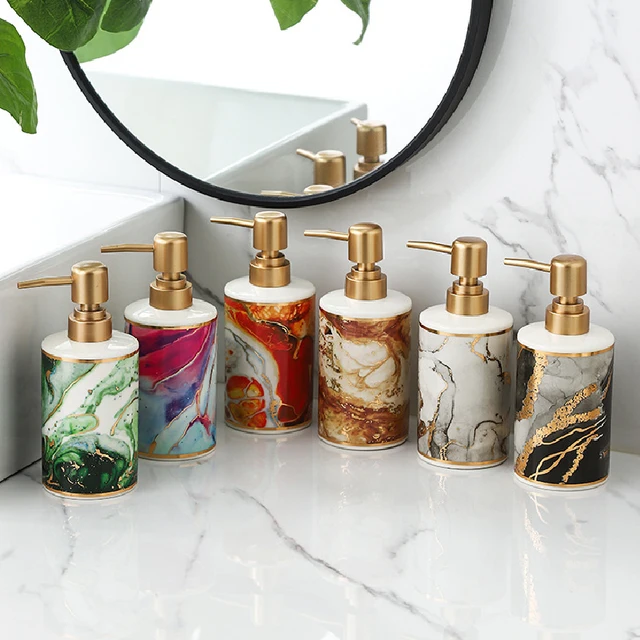 Gold-Plated Marble เครื่องจ่ายสบู่เซรามิคอิมัลชันขวดตกแต่งห้องน้ํา Hand Sanitizer แชมพูขวดความดัน 1