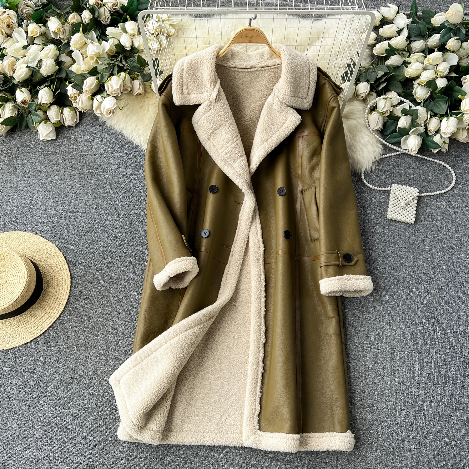 

Trench Coat Winter Thick Warm Overcoat Turndown Collar Buttons Long Cardigan Fashion Basics Loose Outerwear Fur Sweater Coat