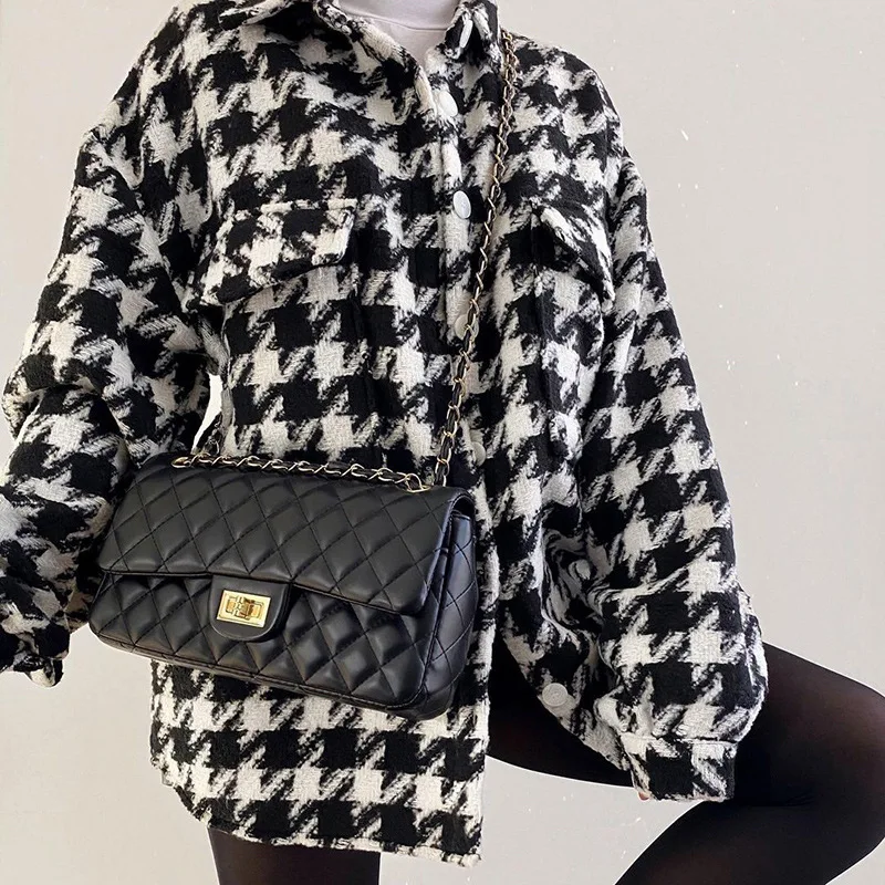 

2022 New Temperament Lazy Wind Medium and Long Size Wool Retro Houndstooth Cardigan Jacket Spring and Autumn Women's Long Sleeve