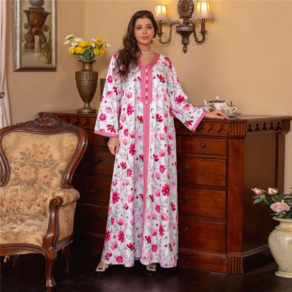 

Eid Mubarak 2023 Muslim Floral Printed Hijab Abaya Women Maxi Dress Hijab V-neck Kaftan Turkey Dubai Ramadan Kaftan Party Gown