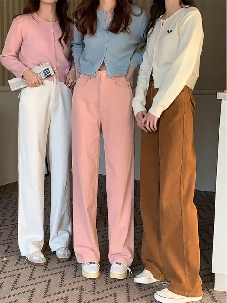 

5Colors SML 2023 Autumn Winter Korean Style High Waist trousers female Casual Corduroy Long Straight pants female (X2604)