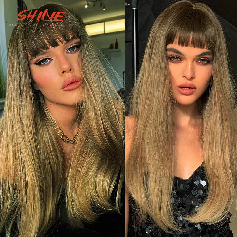 

SHINE Ombre Blonde Wig With Bangs Full Machine Made Synthetic Body Wave Wig Heat Temperature Fiber Wig 30 Inch None Lace Wig
