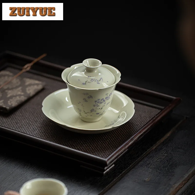Plant Ash Blue Yingluo Cover Bowl Household Ceramic Tea Cup Anti Scald Gaiwan Luxury Tea Tureen Making Drinkware Gifts 120ml