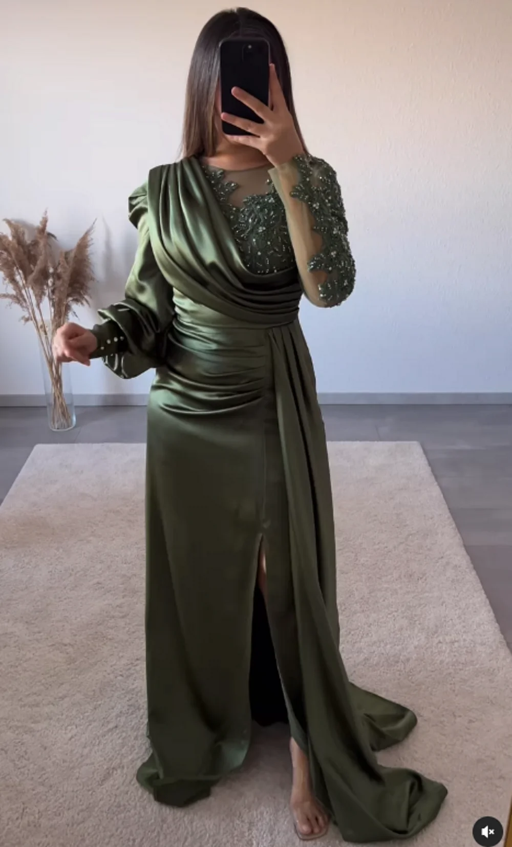 High Split Elegant O-Neck Sexy Pleated Appliques Mermaid Evening Gown Custom Made Formal Party Dress Puffy Sleeves Prom Dresses