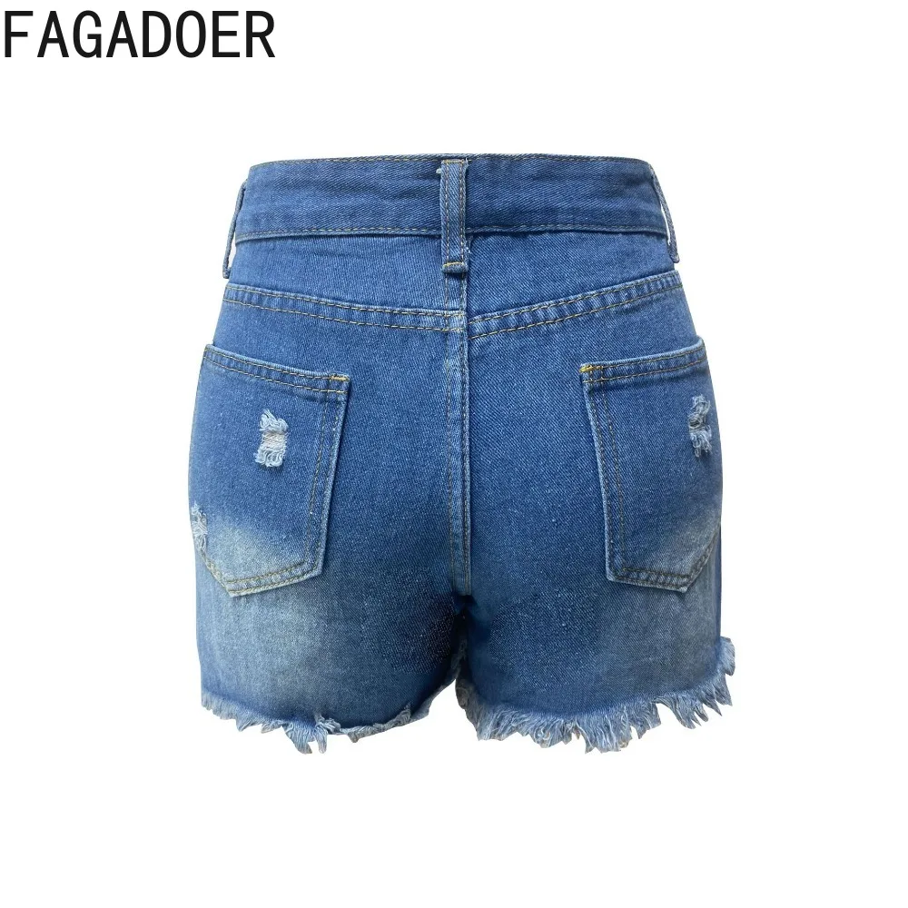 FAGADOER Summer New Hole Flash Denim Shorts Women High Waist Button Slim Jean Bottoms Fashion Female Solid Color Matching Shorts