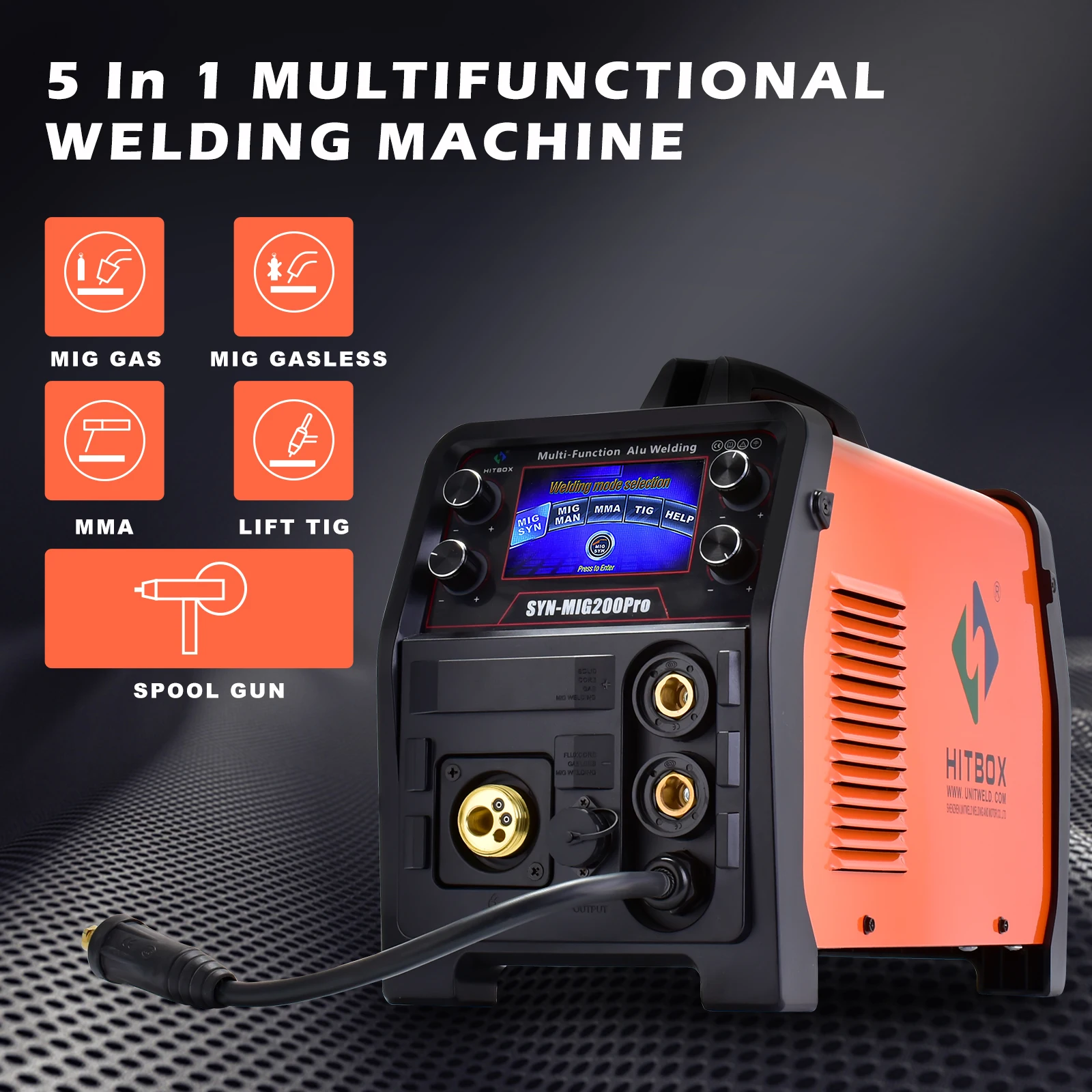 HITBOX 5 in 1 Aluminium MIG MAG Welder with MMA TIG Gas Gasless Welding Machine Inverter Semi-Automatic IGBT 2T/4T