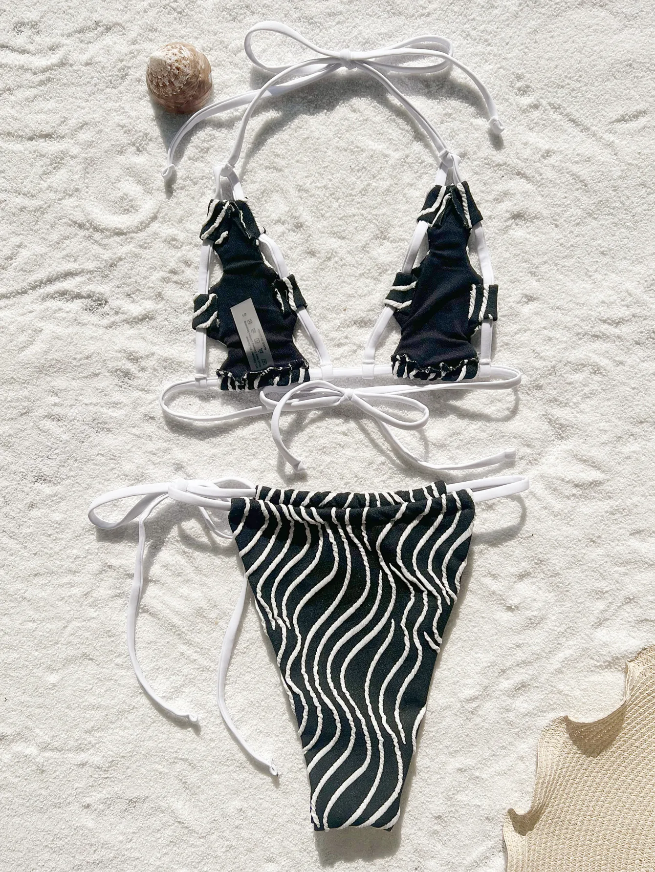 Sexy Black Striped Bikini Set 2024 Women Hollow Out Push Up Micro Swimsuit Beach Bathing Suit Bandage Tie Side Thong Swimwear