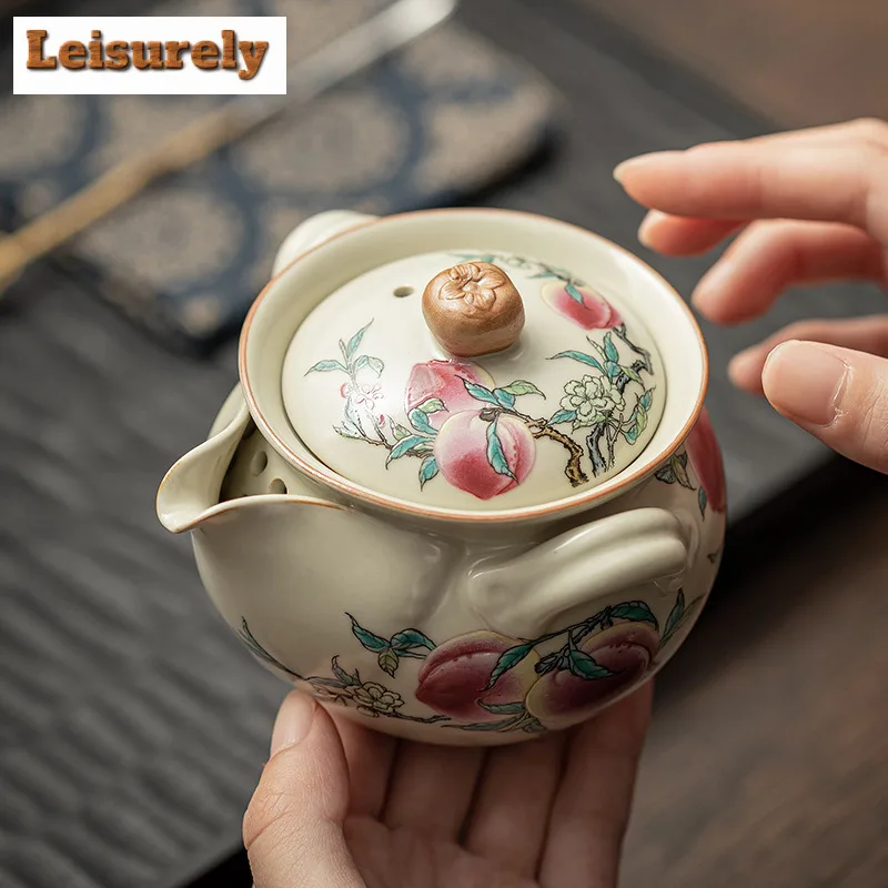 200ml Handmade Ru Kiln Anti Scald Teapot Elegant Nine Peach Hand Grasp Pot Tea Making Kettle With Filter Tea Ceremony Craft Gift