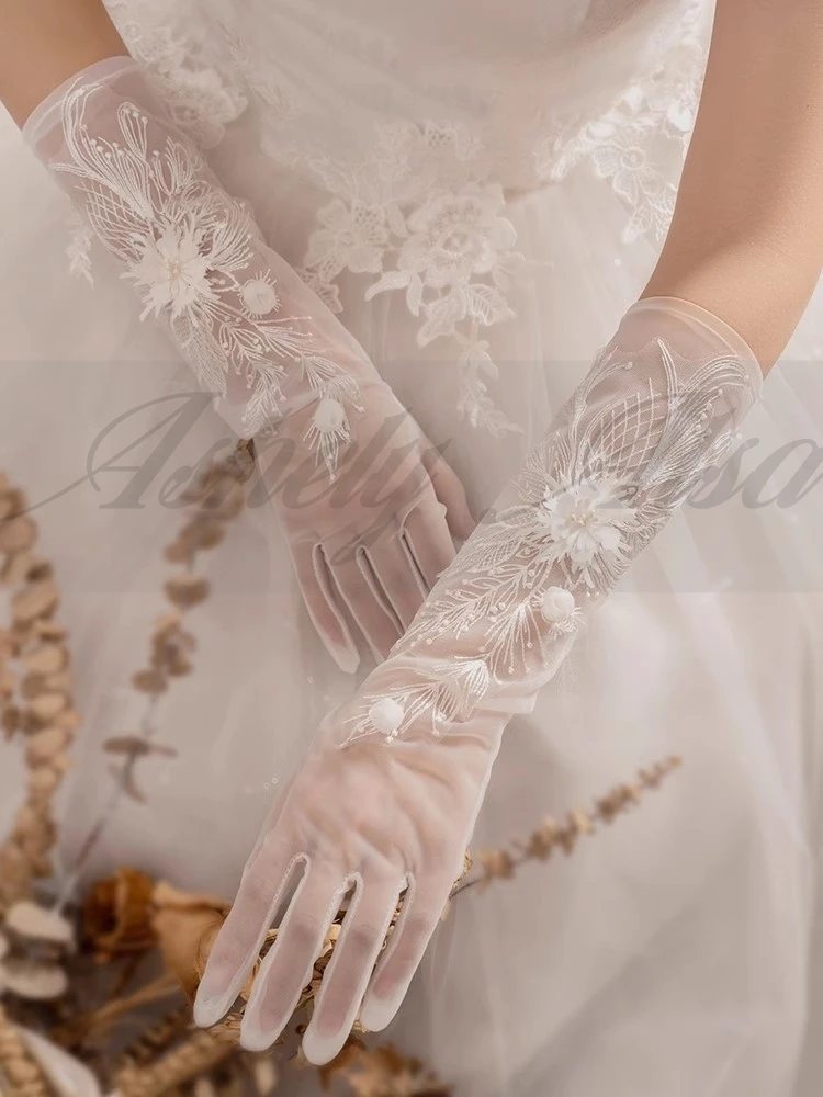 New Design Women Wedding Party Gloves Flower Full Finger Elbow Length Bride Bridal Accessories Evening Prom Formal Glove