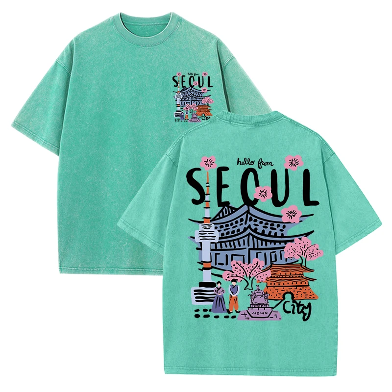 Seoul Beautiful Scenery Printed Washed T Shirt Female Summer Crewneck Clothes Trendy Cotton Short Sleeve Casual New T-Shirts