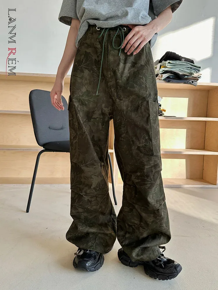 

[LANMREM] Drawstring Print Design Streetwear Pants For Women Elastic High Waist Wide Leg Trousers 2024 Spring New 26D8427