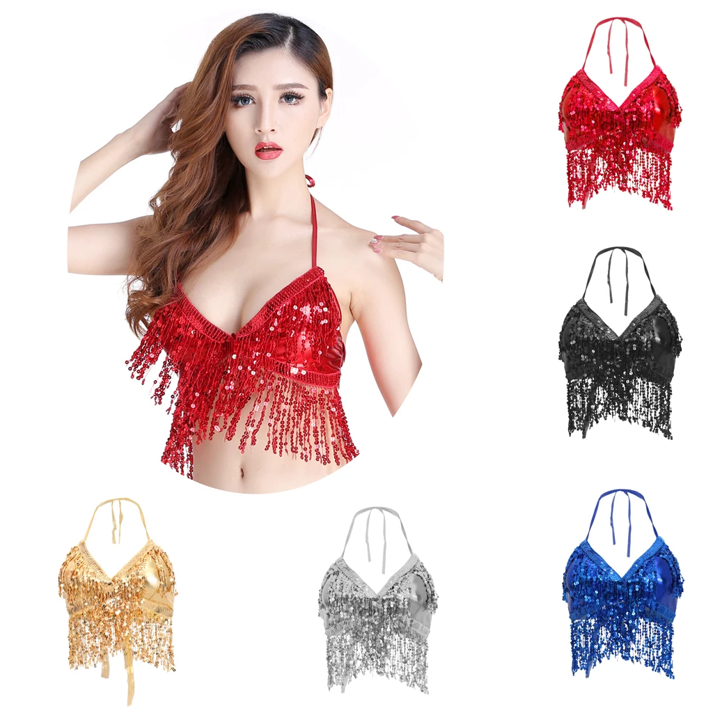 

Belly Dance Costume Adjustable Padded Bra Halter Top Sequin Performance Outfits Club Party Festival Rave Dance Sexy Crop Tops