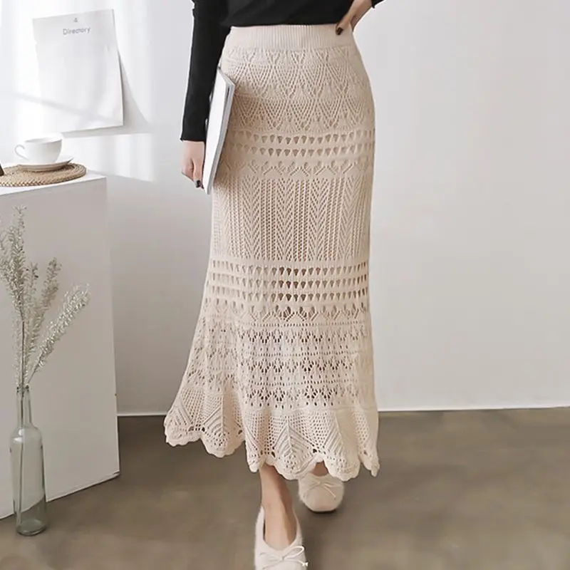 Summer Large Size Women Elastic Force Solid Color Hollow Lace Knitting High Waist Elastic Waist Fish Tail Hip Office Lady Skirt
