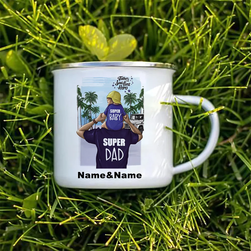 

Unique Enamel Cup for Super Fathers and Sons Custom Name Mug Personalized Gift Dropshipping Funny Coffee Cups Free Shipping Mugs