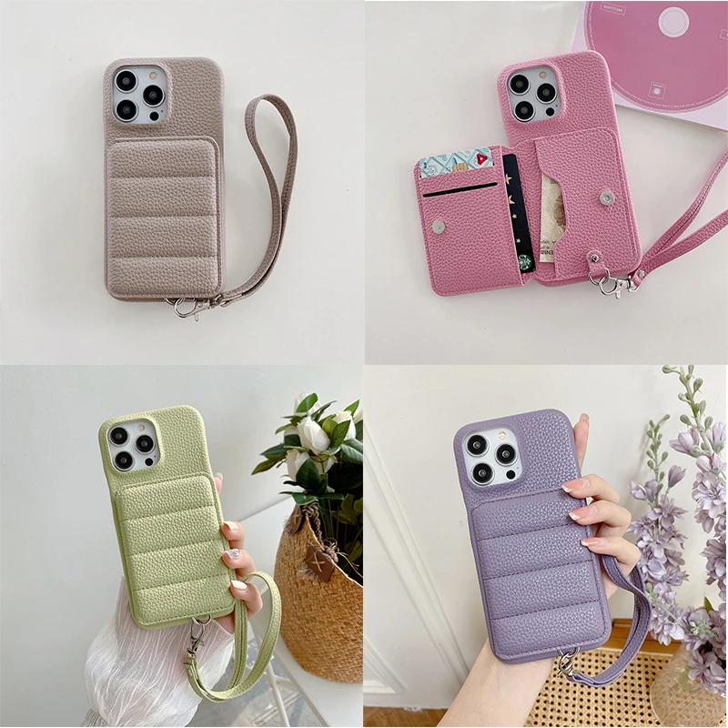 Luxury Litchi Patterned Shockproof PU Leather Wrist Strap Wallet Phone Case