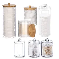 Acrylic Storage Box Bathroom Jar Makeup Organizer Cotton Round Pad Holder Cotton Swab Box Qtip Holder Dispenser with Bamboo Lid 1