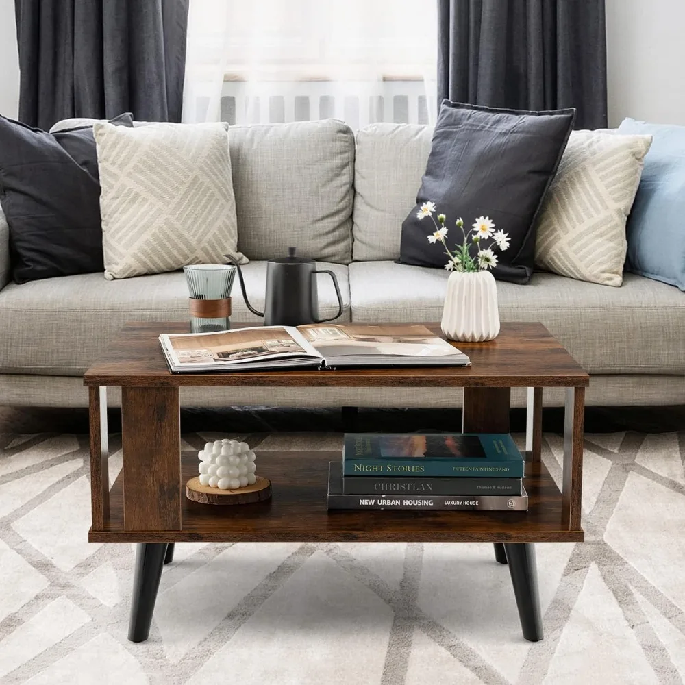 Small Coffee Table for Small Space, 2-Tier Wooden Center Table with Open Storage Shelf, Side Baffle, Easy Assembly 5