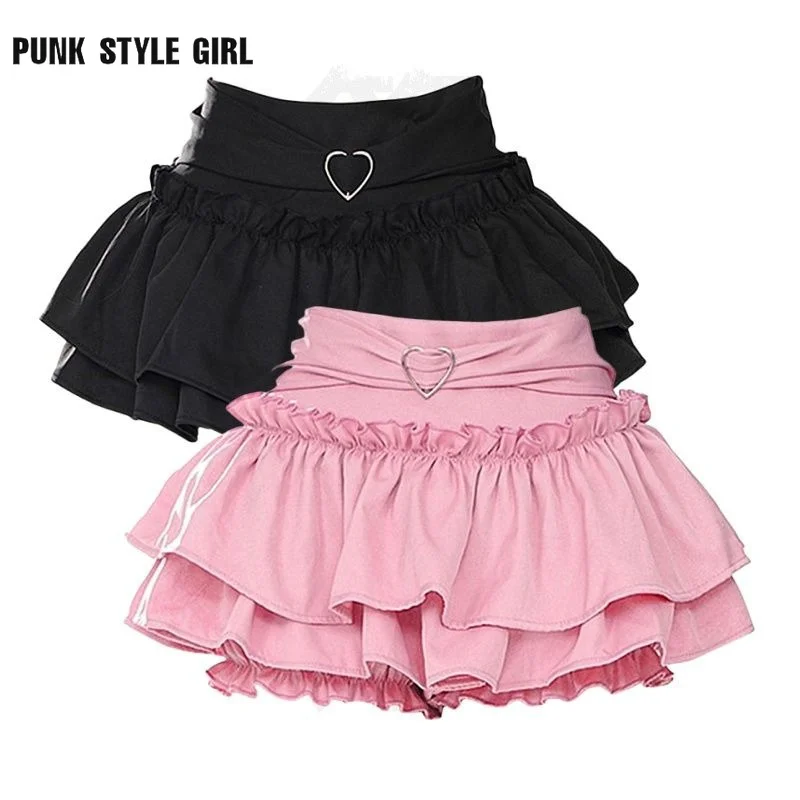 

2024 Black Pink Kawaii Mini Cake Skirt High Waist A Line Ball Gown Ruffle Cosplay Aesthethic Sweet Y2k Fairycore Party Skirts