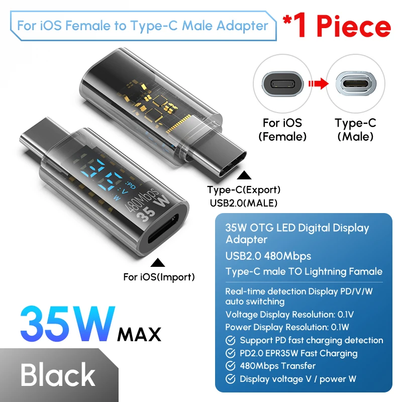 USB-C to Lightning 35W Fast Charging Adapter with Digital Display