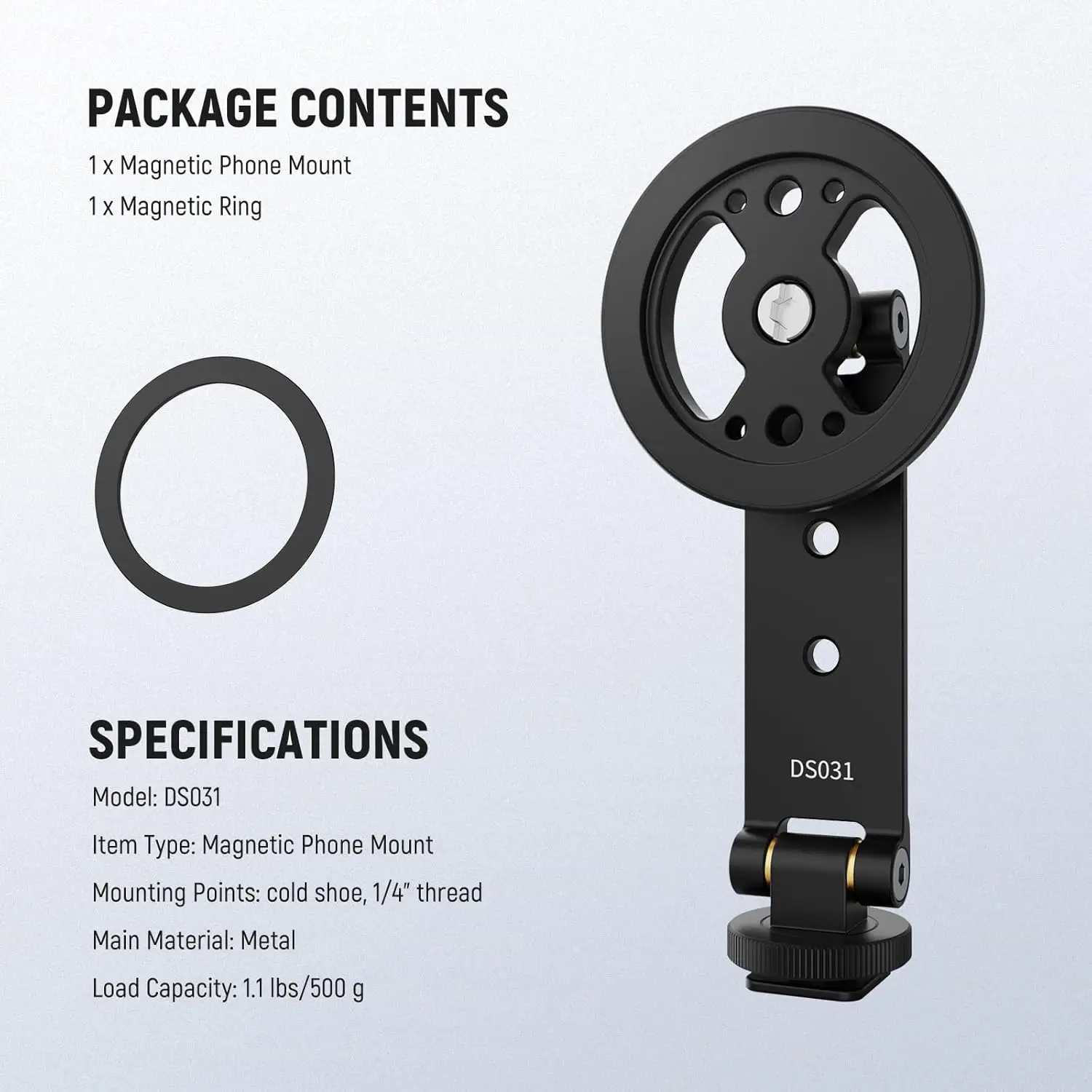 Magnetic Phone Tripod Mount with Cold Shoe, Metal Portable Smartphone Holder Ada