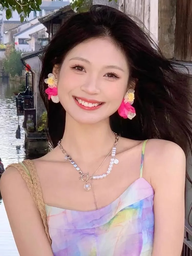 Ladies Korean style earrings yellow chiffon flower earrings, designer environmentally friendly retro summer vacation earrings