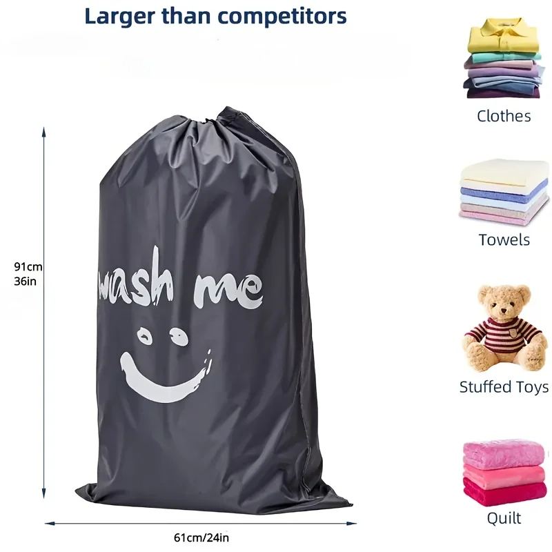Oxford Laundry Bag Drawstring "Wash Me" joyful Face Design Travel Moving Storage Solution, Multi-Purpose Dirty Clothes Organizer