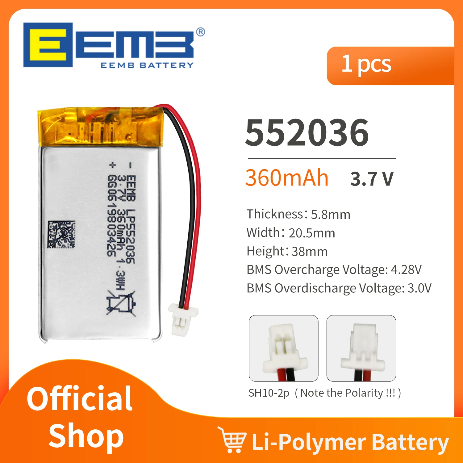 EEMB 552036 3.7V Battery 310mAh Rechargeable Lithium Polymer Battery Pack For Dashcam,Flashlight,Bluetooth Speaker, GPS,Camera