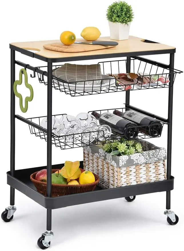 Kitchen Island Serving Cart with Utility Wood Tabletop, 4-Tier Rolling Storage Cart with 2 Basket Drawers, Kitchen Cart wi