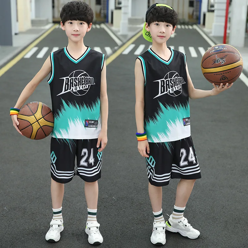 Kids Boys Breathable Sports Basketball Jersey Set, Casual