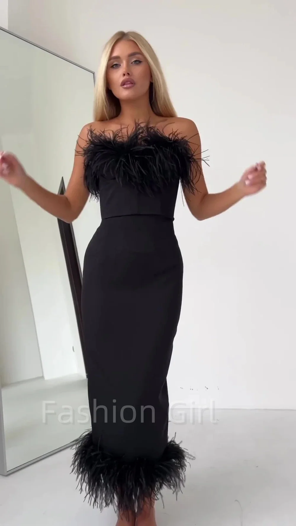 

Modern Black Satin Evening Dresses Fashion Strapless Feathers Mermaid Ankle Length Prom Dresses Satin Formal Occasion Gown 2023