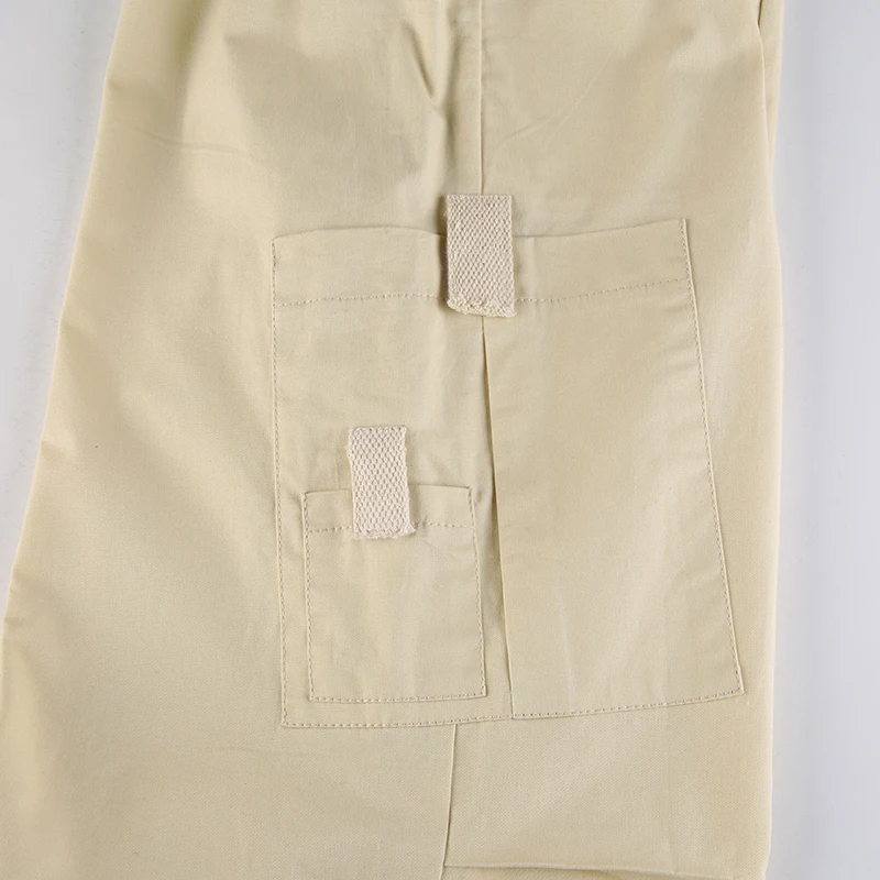 Weekeep Light Khaki Cargo Pants Streetwear 100% Cotton Big Pocket Patchwork Casual Pants Drawstring Low Waist Baggy Trouser Lady