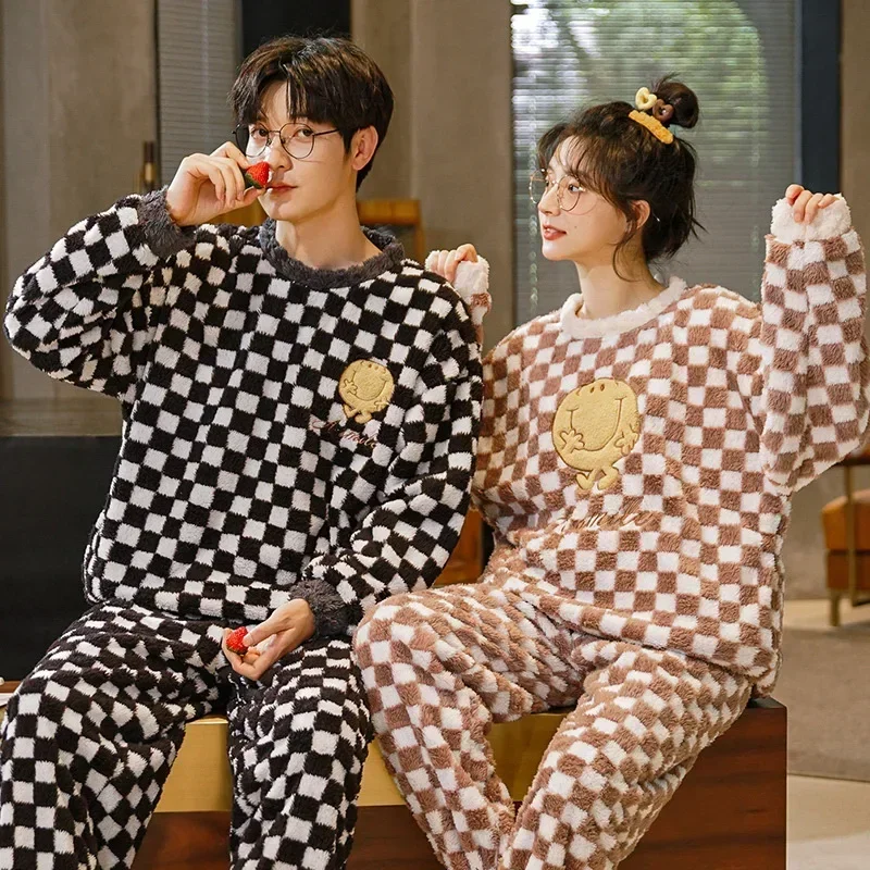 Men's and Women's Pajamas Thickened Coral Fleece Pullover  Warm Winter Plush Sleepwear Men's Home Clothes In Autumn & Winter