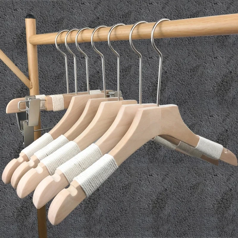 Korean Version Unpainted Hangers Natural Wood Women Suits Clip Tie Rope Clothing Store Wardrobe Coat Support Pants Rack 10PCS